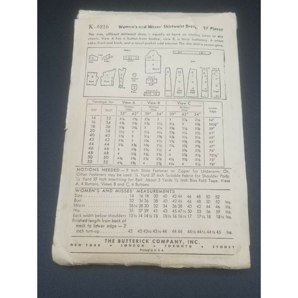 Butterick 1940's Women's Shirtwaist Dress Sewing Pattern #K-6816 Size 16 - Picture 3 of 3